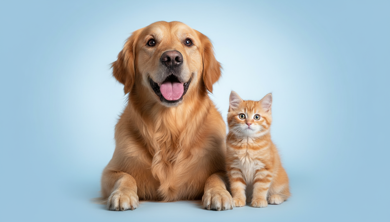 Happy golden retriever and cat